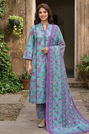 Anouk turquesa and purple pure cotton straight regular kurta set