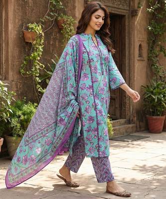 turquesa and purple pure cotton straight regular kurta set 2