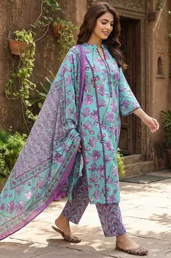 turquesa and purple pure cotton straight regular kurta set