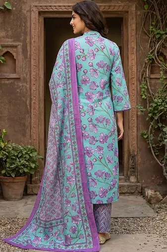 turquesa and purple pure cotton straight regular kurta set