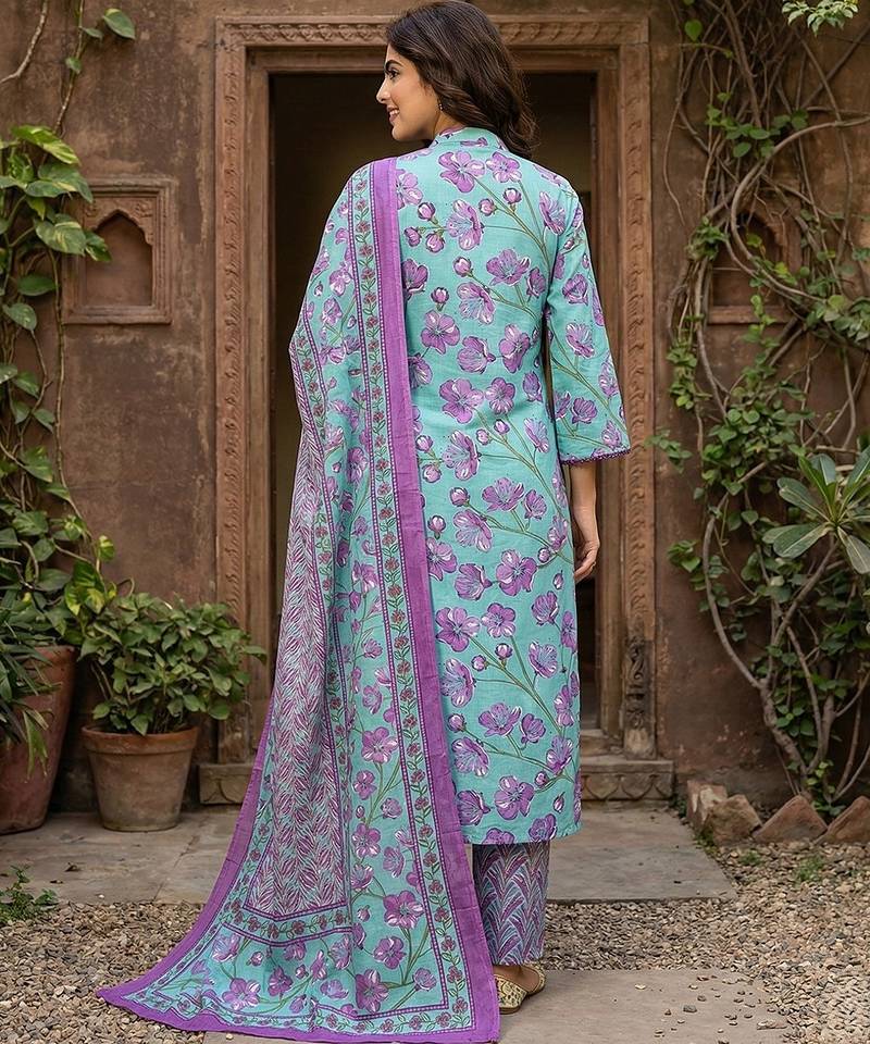 Anouk turquesa and purple pure cotton straight regular kurta set