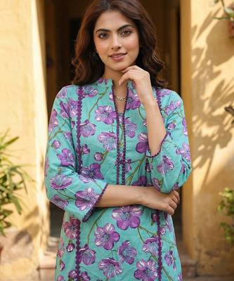 turquesa and purple pure cotton straight regular kurta set 4