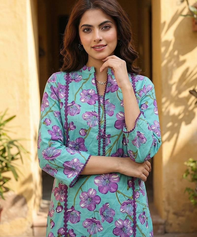 Anouk turquesa and purple pure cotton straight regular kurta set