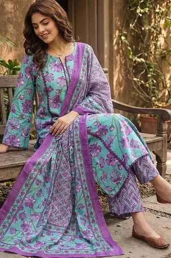 turquesa and purple pure cotton straight regular kurta set