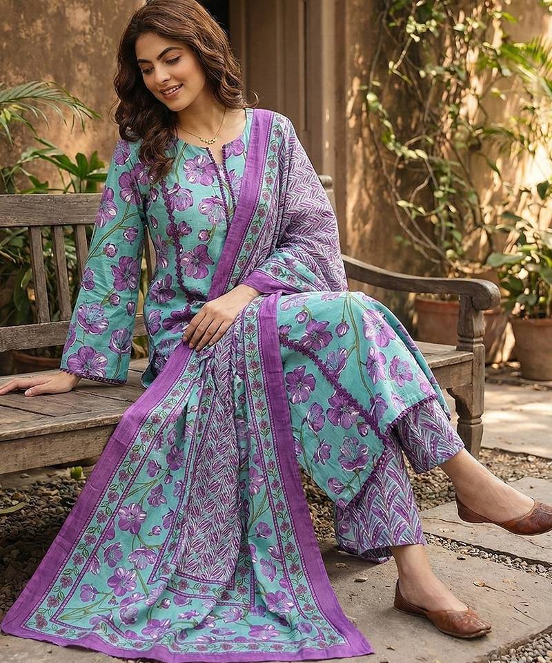 Anouk turquesa and purple pure cotton straight regular kurta set