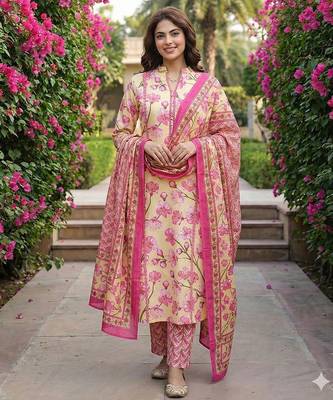 lima yellow and pink pure cotton straight regular kurta set 1