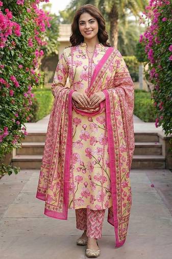 Anouk lima yellow and pink pure cotton straight regular kurta set