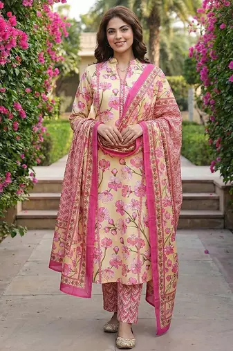 Anouk lima yellow and pink pure cotton straight regular kurta set