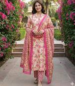 Anouk lima yellow and pink pure cotton straight regular kurta set