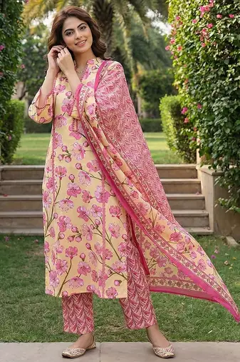 lima yellow and pink pure cotton straight regular kurta set