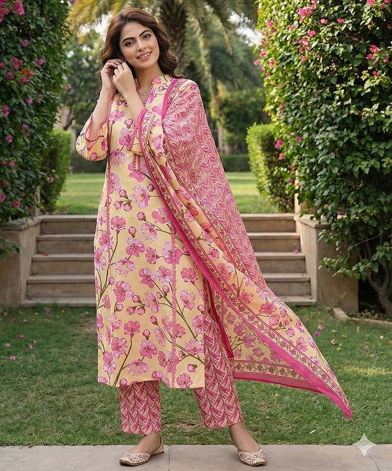 Anouk lima yellow and pink pure cotton straight regular kurta set