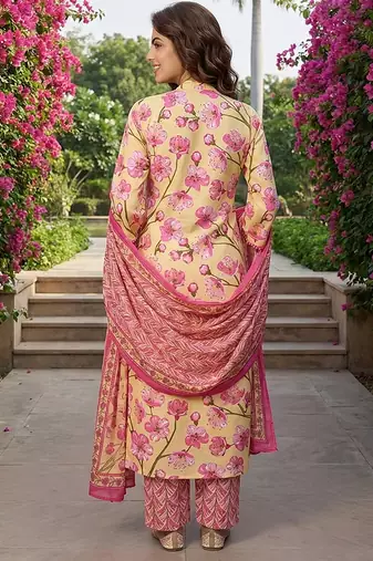 lima yellow and pink pure cotton straight regular kurta set