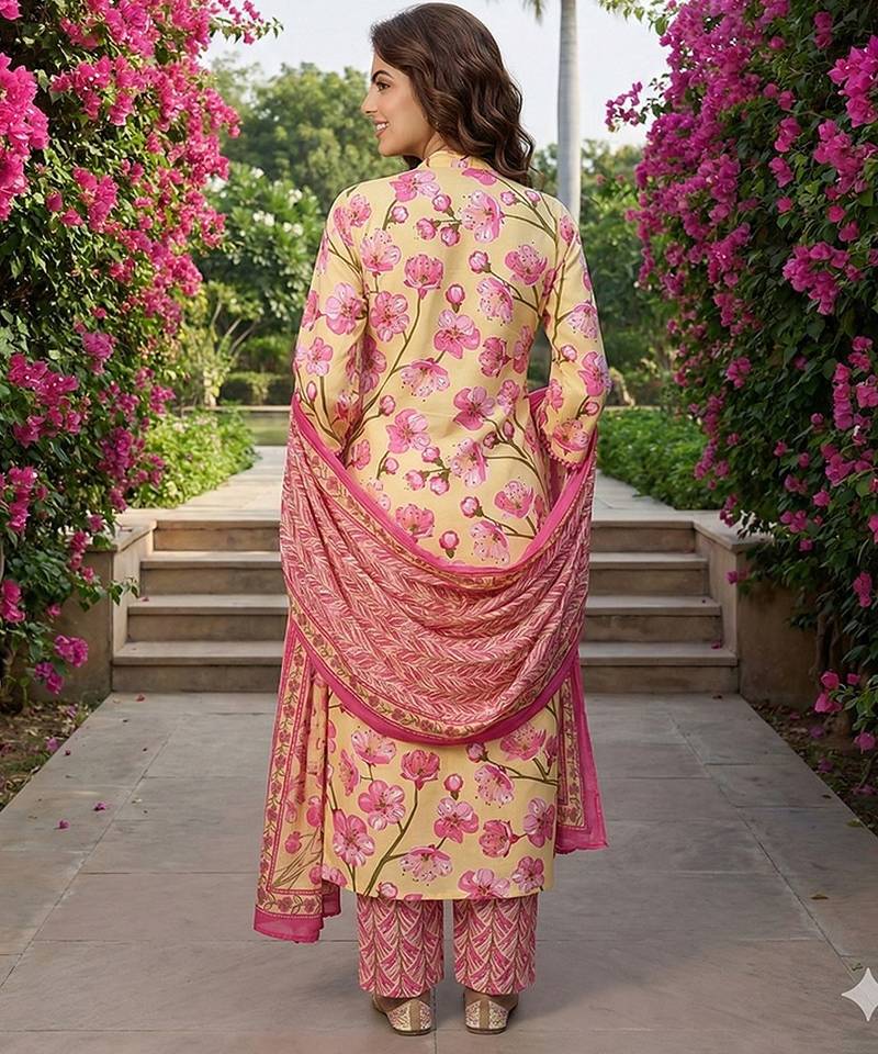 Anouk lima yellow and pink pure cotton straight regular kurta set