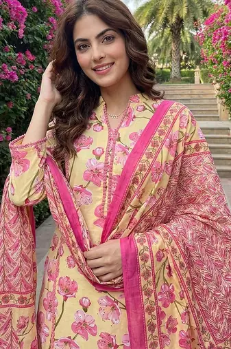 lima yellow and pink pure cotton straight regular kurta set