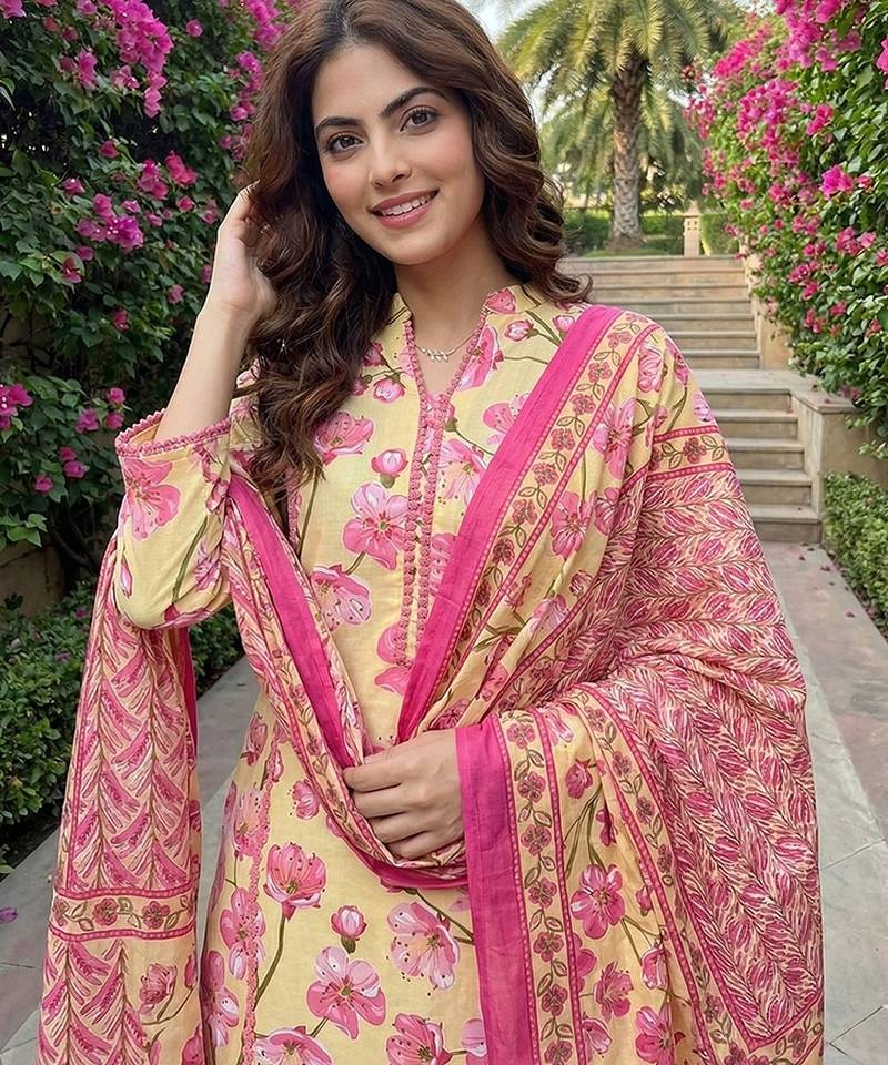 Anouk lima yellow and pink pure cotton straight regular kurta set