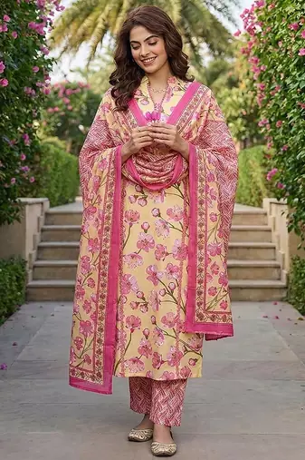 lima yellow and pink pure cotton straight regular kurta set