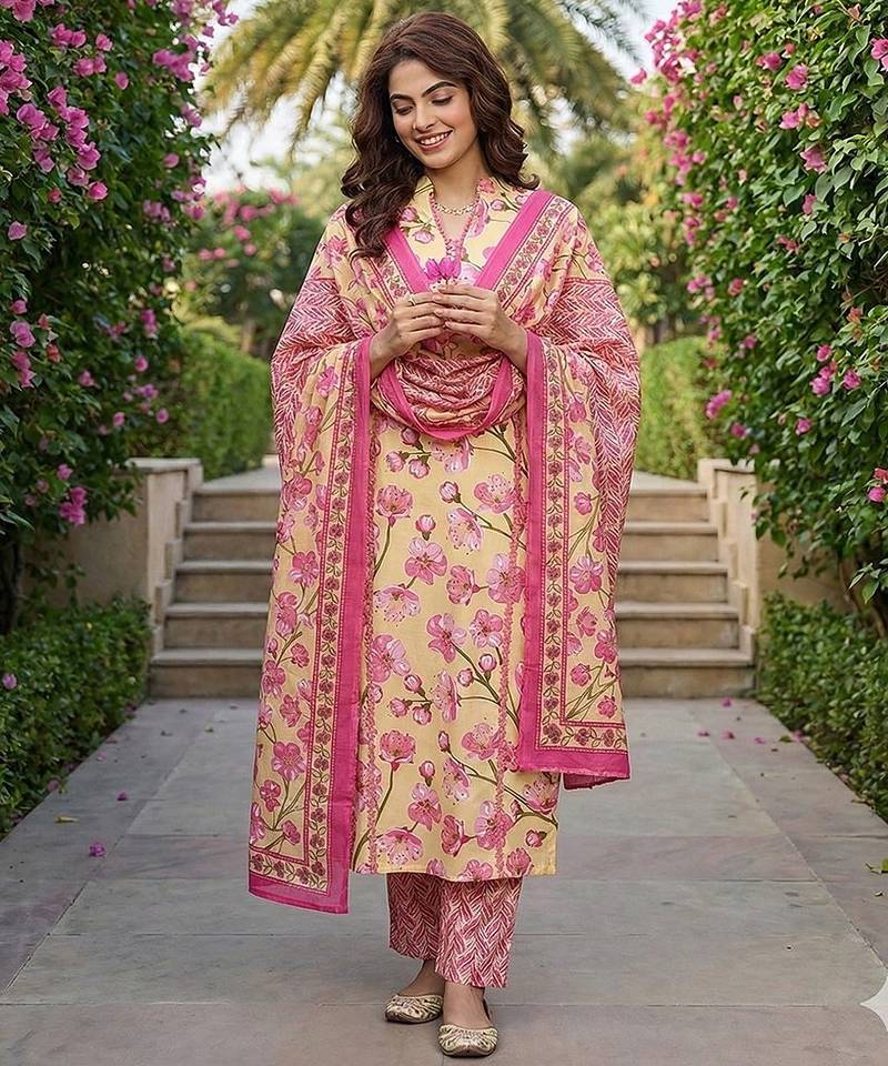 Anouk lima yellow and pink pure cotton straight regular kurta set