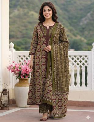 green and brown pure cotton a-line regular kurta set 1