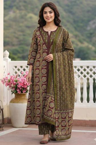 Anouk green and brown pure cotton a-line regular kurta set