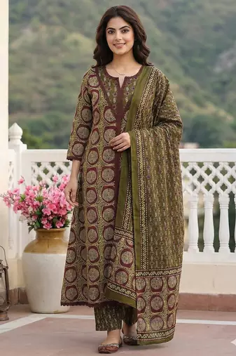 Anouk green and brown pure cotton a-line regular kurta set