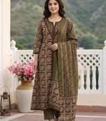 Anouk green and brown pure cotton a-line regular kurta set