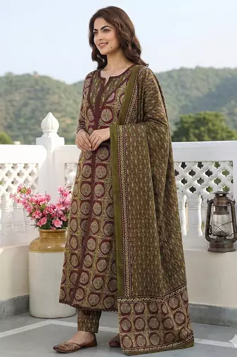 green and brown pure cotton a-line regular kurta set
