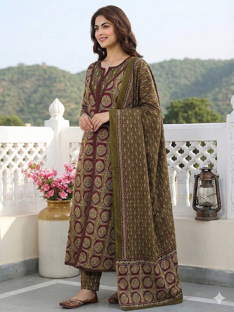 Anouk green and brown pure cotton a-line regular kurta set