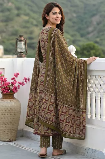 green and brown pure cotton a-line regular kurta set