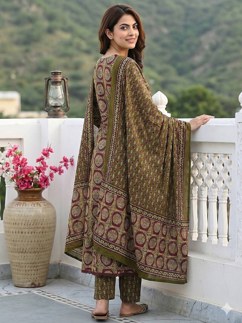 Anouk green and brown pure cotton a-line regular kurta set