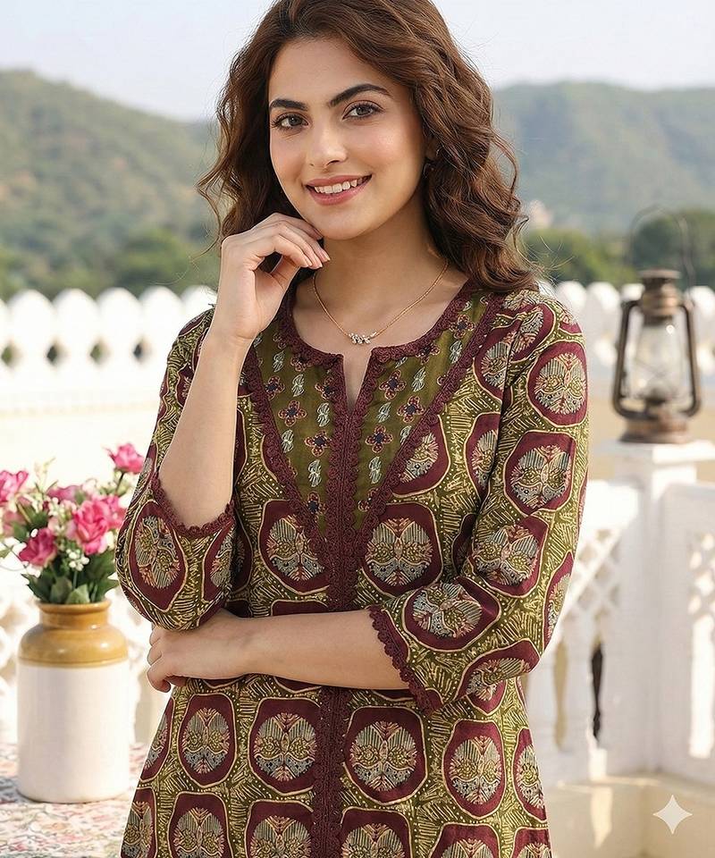 Anouk green and brown pure cotton a-line regular kurta set