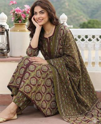 green and brown pure cotton a-line regular kurta set 5