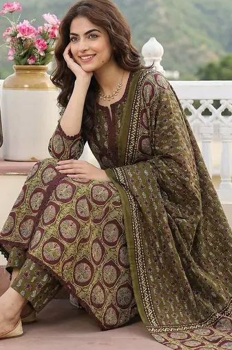 green and brown pure cotton a-line regular kurta set