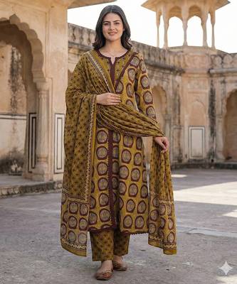 mustard and brown pure cotton a-line regular kurta set 1