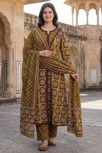 Anouk mustard and brown pure cotton a-line regular kurta set