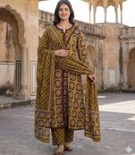 Anouk mustard and brown pure cotton a-line regular kurta set