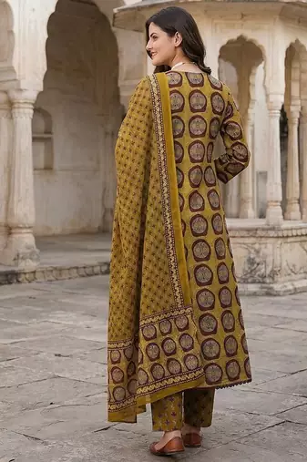 mustard and brown pure cotton a-line regular kurta set