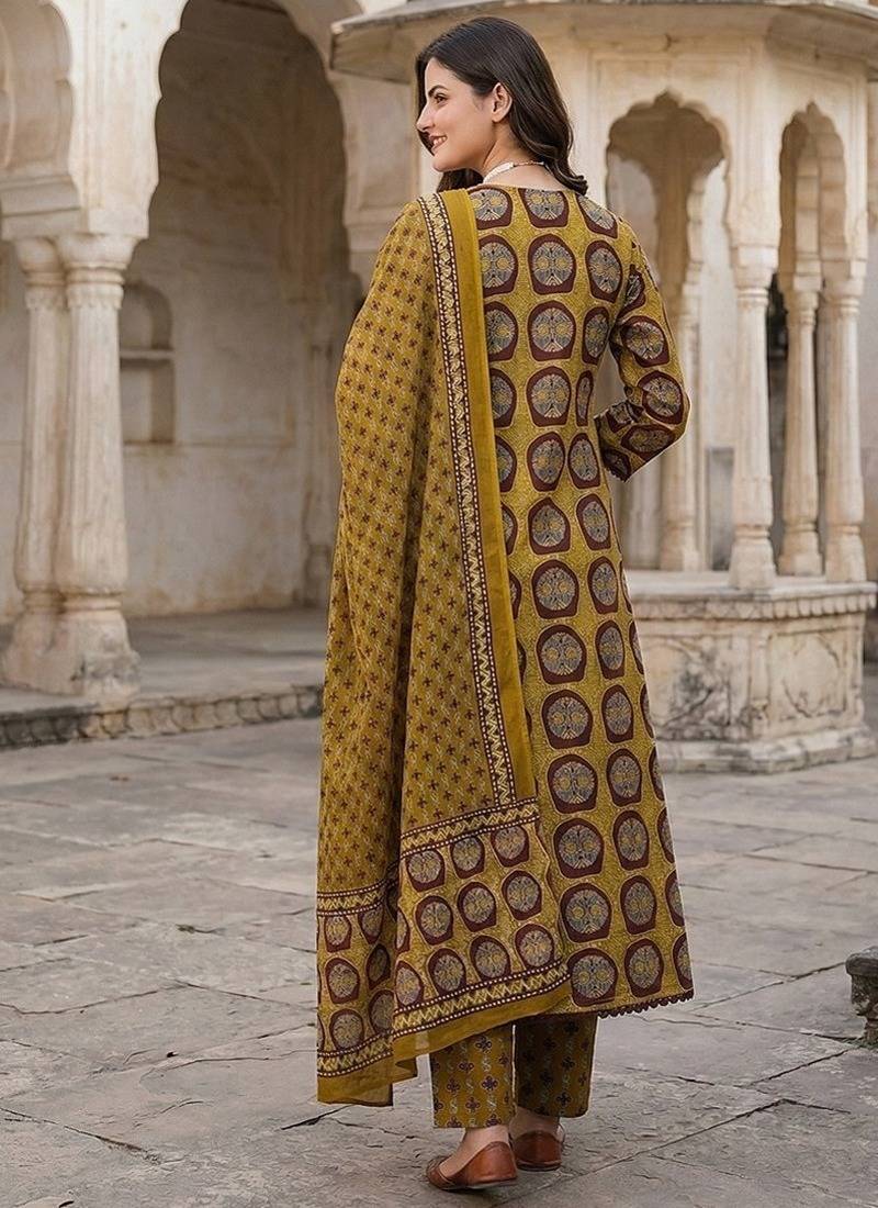 Anouk mustard and brown pure cotton a-line regular kurta set