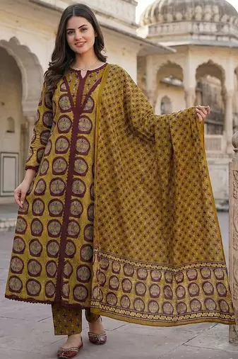 mustard and brown pure cotton a-line regular kurta set