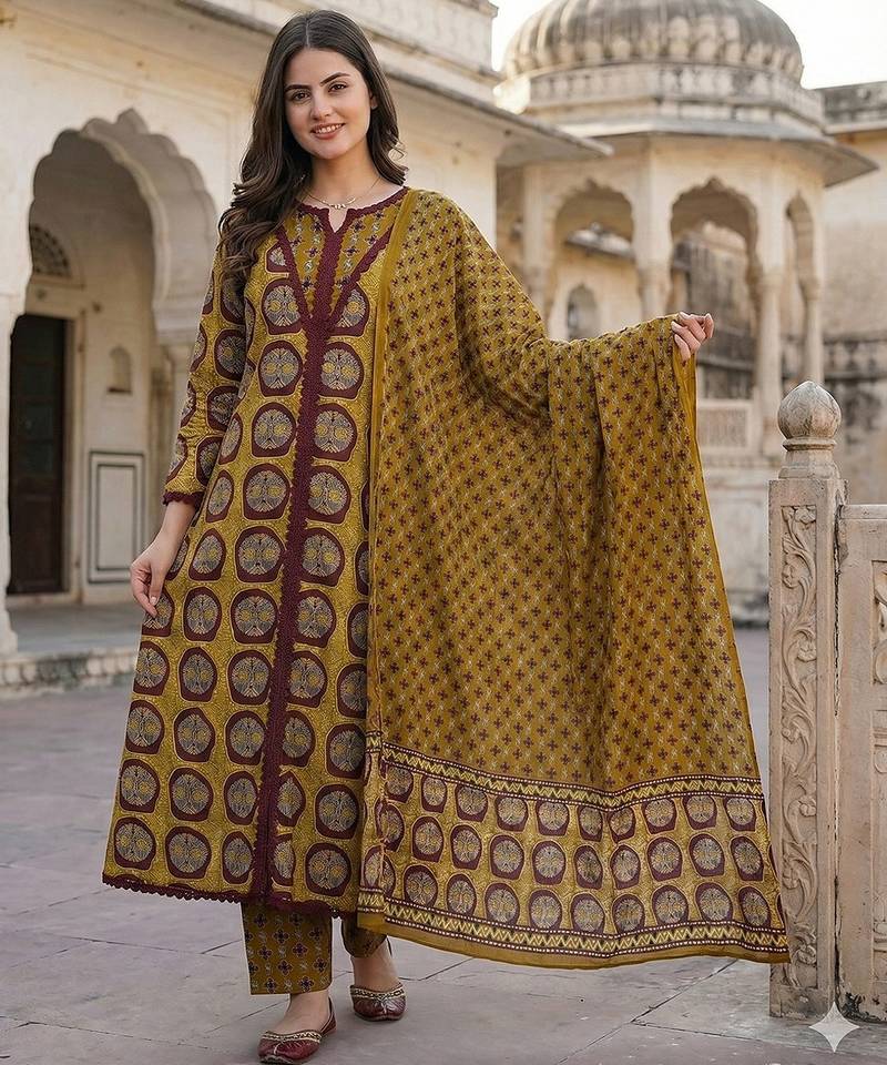 Anouk mustard and brown pure cotton a-line regular kurta set