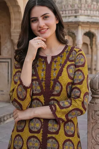 mustard and brown pure cotton a-line regular kurta set