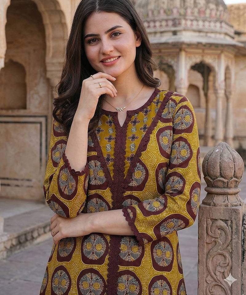 Anouk mustard and brown pure cotton a-line regular kurta set