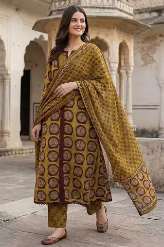 mustard and brown pure cotton a-line regular kurta set