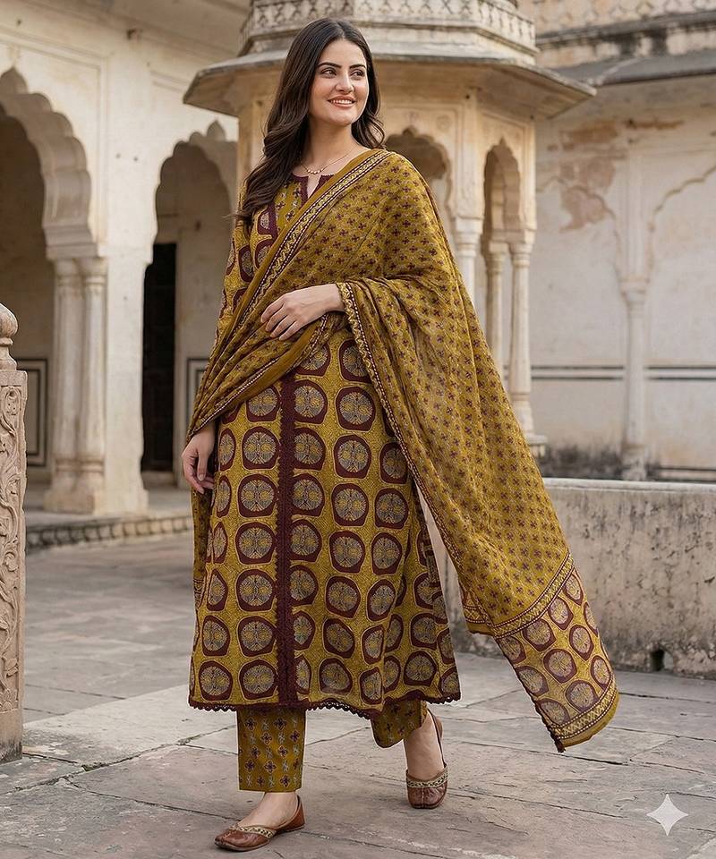 Anouk mustard and brown pure cotton a-line regular kurta set