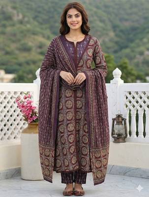 purple and brown pure cotton a-line regular kurta set 1