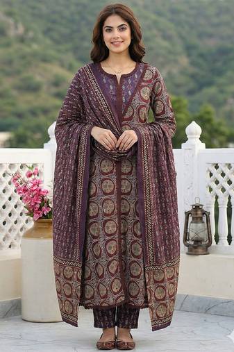Anouk purple and brown pure cotton a-line regular kurta set