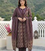 Anouk purple and brown pure cotton a-line regular kurta set