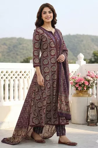 purple and brown pure cotton a-line regular kurta set
