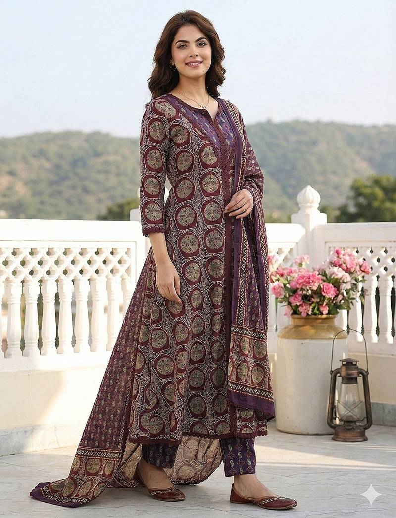 Anouk purple and brown pure cotton a-line regular kurta set