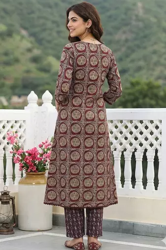 purple and brown pure cotton a-line regular kurta set