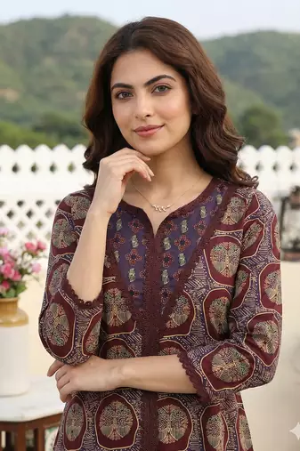 purple and brown pure cotton a-line regular kurta set